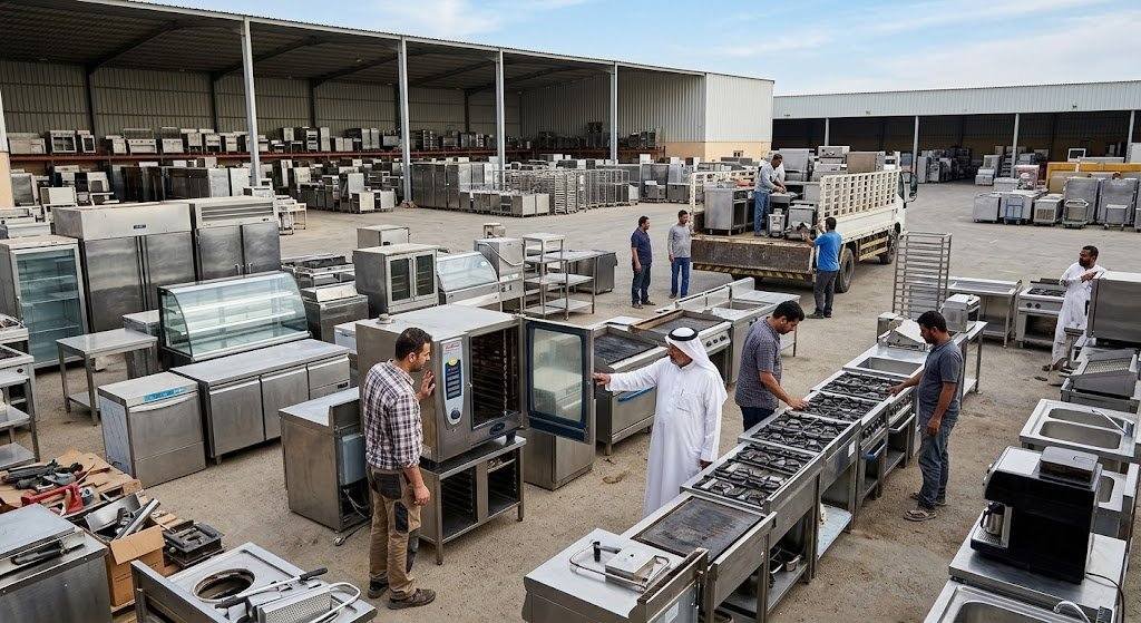 فريق عمل محترف يقوم بفحص وتحميل معدات المطاعم المستعملة بدقة وأمان باستخدام سيارات النقل المجهزة ضمن خدمات شراء معدات مطاعم حي الغدير لضمان تقديم أفضل خدمة وراحة العملاء.